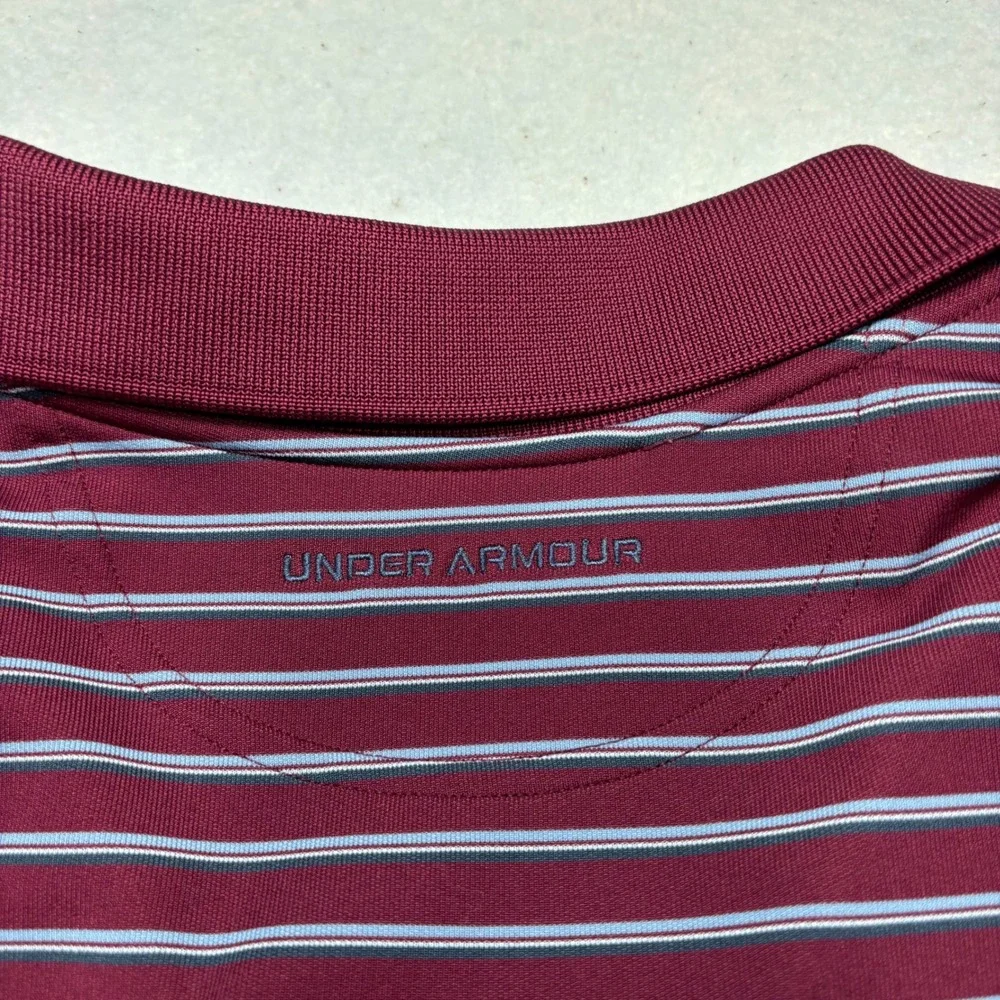 Under Armour HeatGear Mens 3XL Striped Polo SBurgundy‎ Grey Short Sleeve  #947